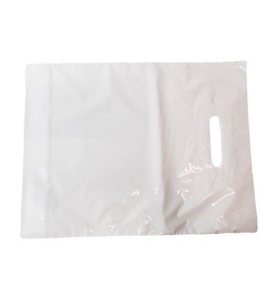 LDPE taška so spevneným prehmatom a so zloženým dnom, dĺžka 40 cm, šírka 30 cm, biela