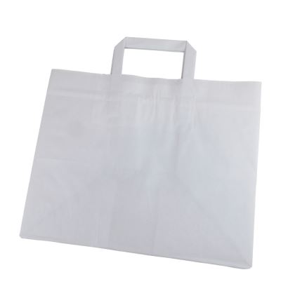 Papierová taška s plochým uchom, dĺžka 25,5 cm, šírka 32 cm, záložka 22 cm, biela