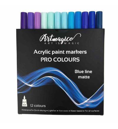 Akrylové popisovače Artmagico PRO LINE BLUE 0,7 mm, súprava 12 ks, odtiene matných modrých farieb