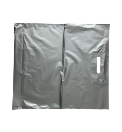 LDPE taška so spevneným prehmatom a so zloženým dnom, dĺžka 50 cm, šírka 45 cm, záložka 9 cm, strieborná