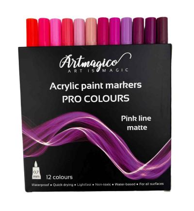 Akrylové popisovače Artmagico PRO LINE PINK 0,7 mm, súprava 12 ks, odtiene matných rôznych farieb